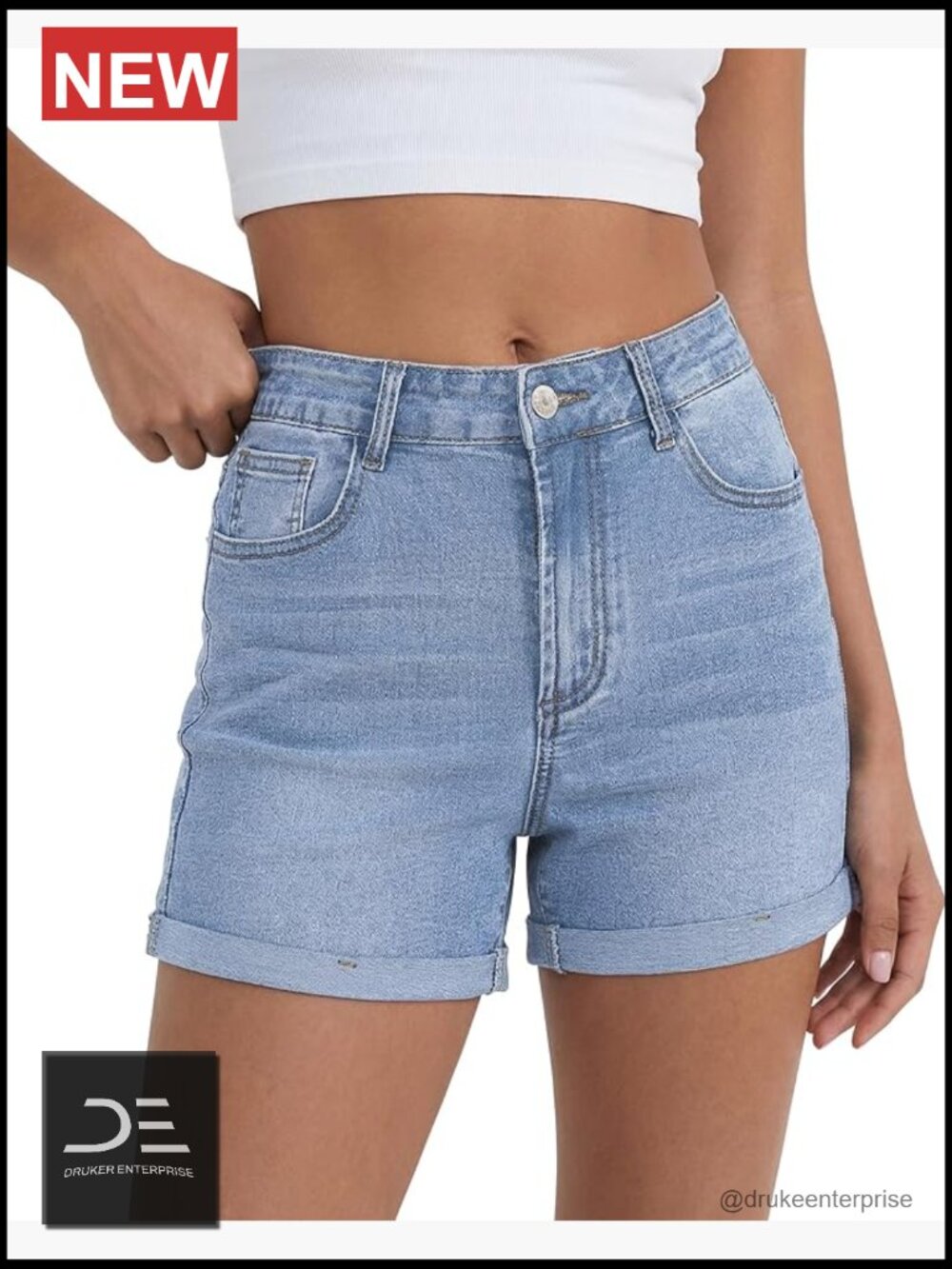 High Waisted Cuffed Hem Denim Mom Shorts - Stretchy Comfortable Casual Summer
